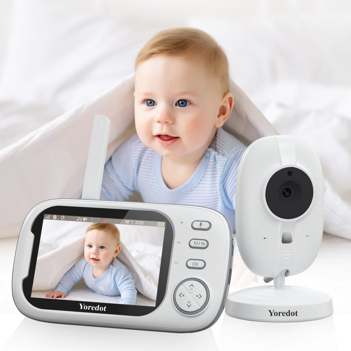 Cámara monitor de bebé Yoredot Visión nocturna inalámbrica 3.5'' 2000mAh 20H Modelo mejorado con pantalla LCD de vida útil extendida Blanca 127/220v
