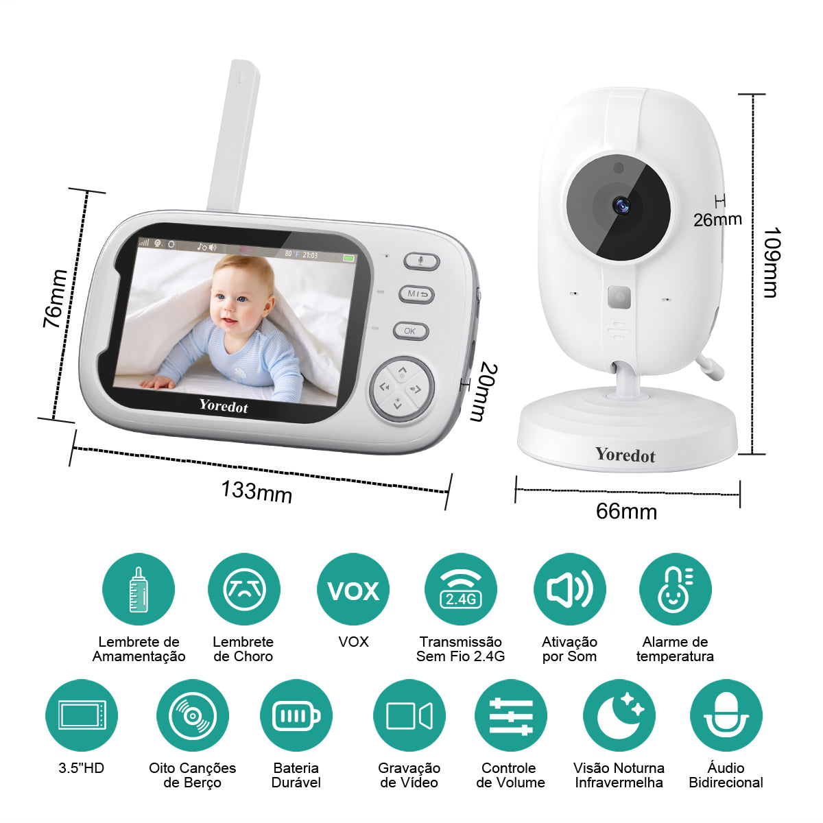 Cámara monitor de bebé Yoredot Visión nocturna inalámbrica 3.5'' 2000mAh 20H Modelo mejorado con pantalla LCD de vida útil extendida Blanca 127/220v