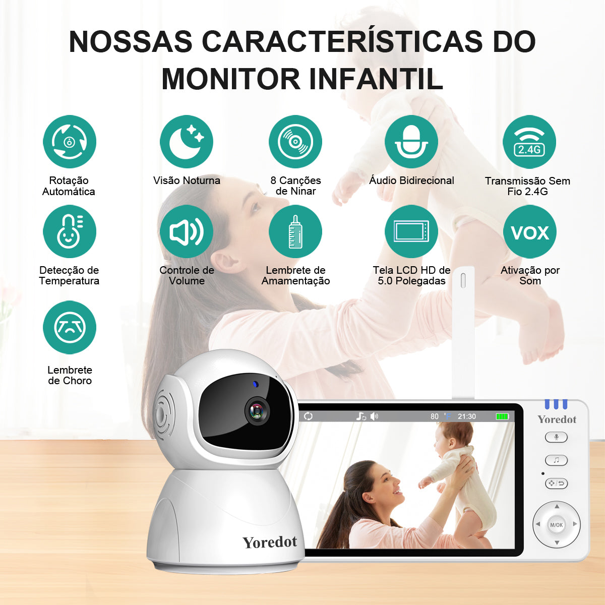 Yoredot Y-1002 Baby Monitor Night Vision Rotating Camera 5" IPS