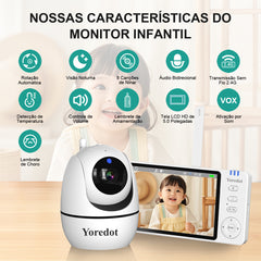 Cámara Vigilabebés S/Cable Visión Nocturna Pantalla Grande LCD de 5'' Alta Definición Y-1001 Alarma Multifuncional con Micrófono
