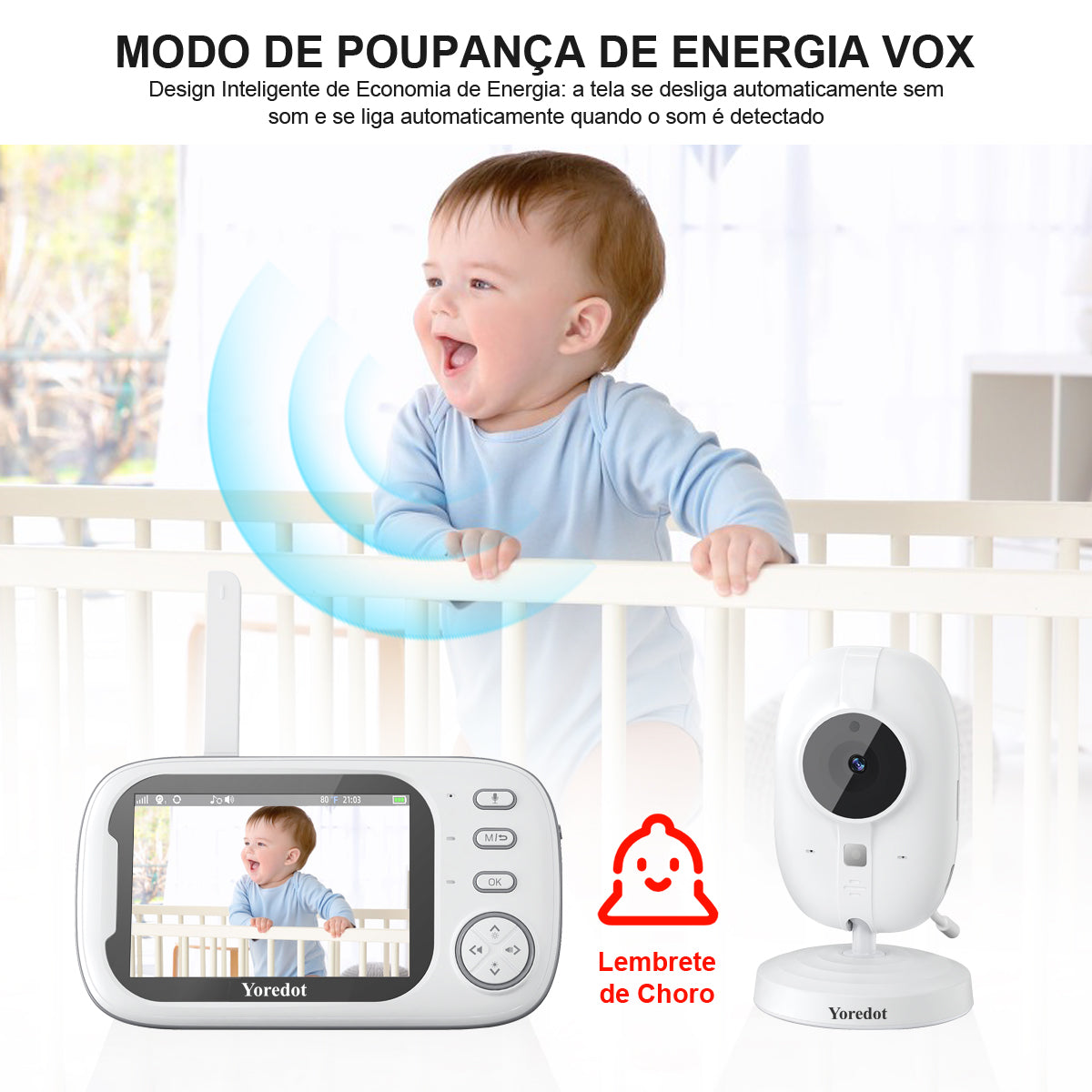 Cámara monitor de bebé Yoredot Visión nocturna inalámbrica 3.5'' 2000mAh 20H Modelo mejorado con pantalla LCD de vida útil extendida Blanca 127/220v