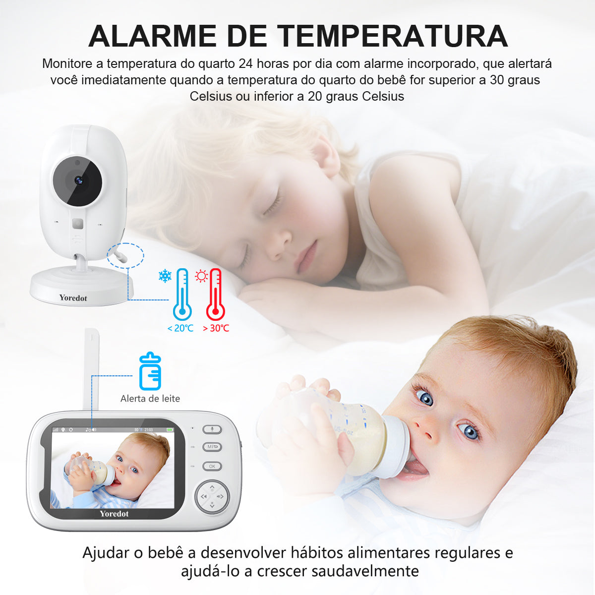 Cámara monitor de bebé Yoredot Visión nocturna inalámbrica 3.5'' 2000mAh 20H Modelo mejorado con pantalla LCD de vida útil extendida Blanca 127/220v