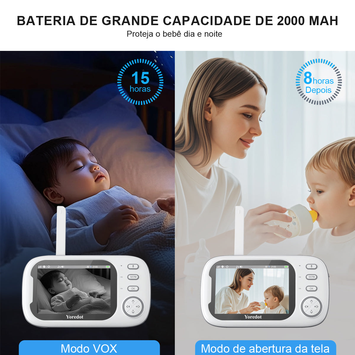 Cámara monitor de bebé Yoredot Visión nocturna inalámbrica 3.5'' 2000mAh 20H Modelo mejorado con pantalla LCD de vida útil extendida Blanca 127/220v