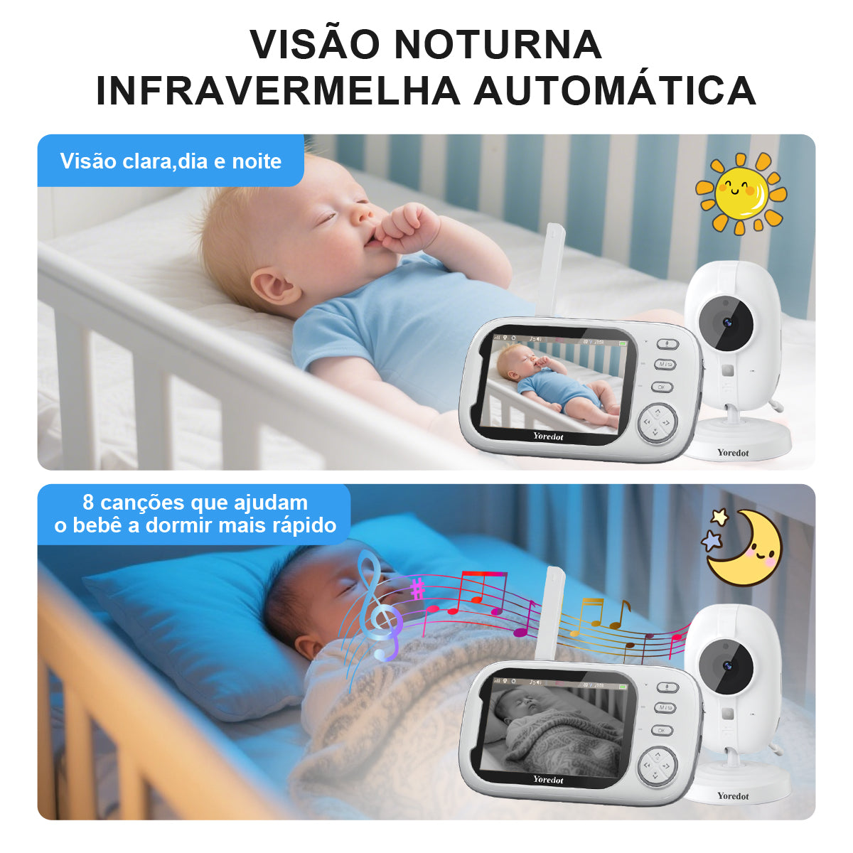 Cámara monitor de bebé Yoredot Visión nocturna inalámbrica 3.5'' 2000mAh 20H Modelo mejorado con pantalla LCD de vida útil extendida Blanca 127/220v